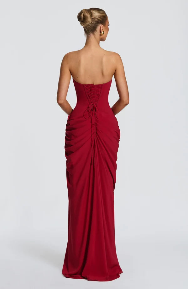 Women's Strapless Maxi Dress Ruched Draped High Split Formal Gown