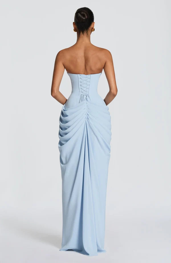 Women's Strapless Maxi Dress Ruched Draped High Split Formal Gown