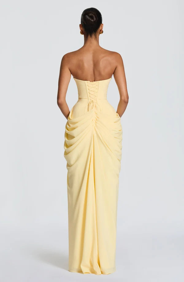 Women's Strapless Maxi Dress Ruched Draped High Split Formal Gown