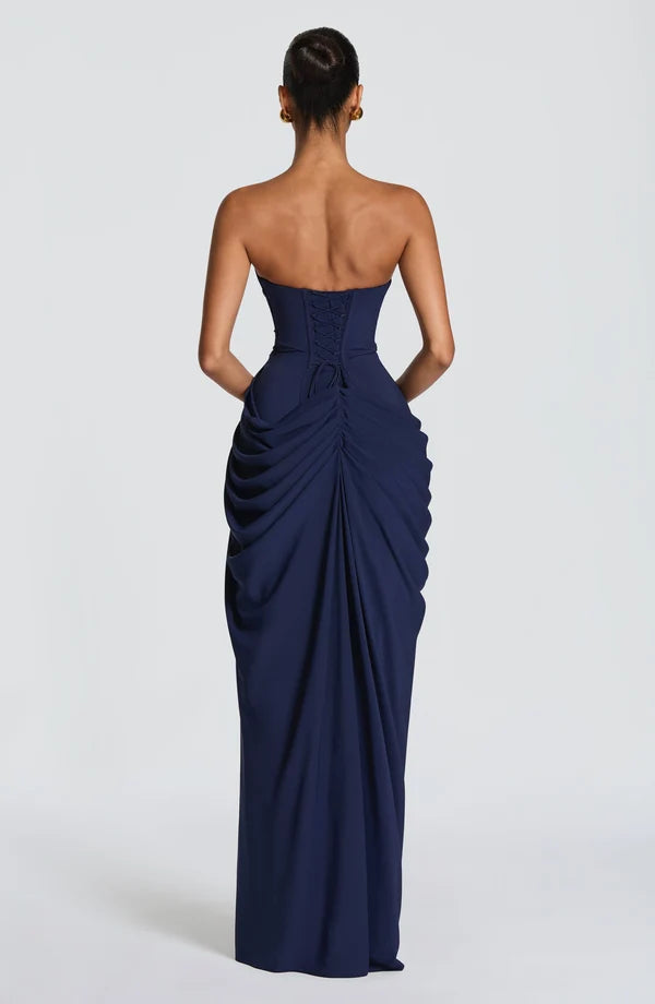 Women's Strapless Maxi Dress Ruched Draped High Split Formal Gown