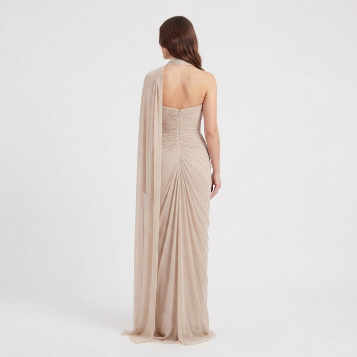Women's Strapless Maxi Dress Sweetheart Draped Scarf Formal Gown