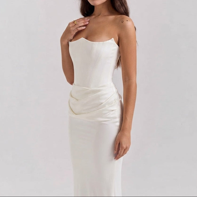 Women's Satin Maxi Dress Strapless Corset Bodice Draped Bodycon