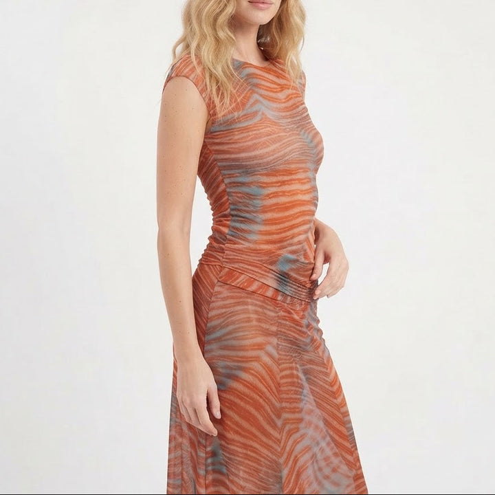 Women's Two Piece Mesh Set Sleeveless Top Maxi Skirt Sheer Printed