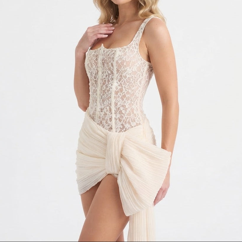 Women's Lace Corset Mini Dress Square Neck Bow Detail Party