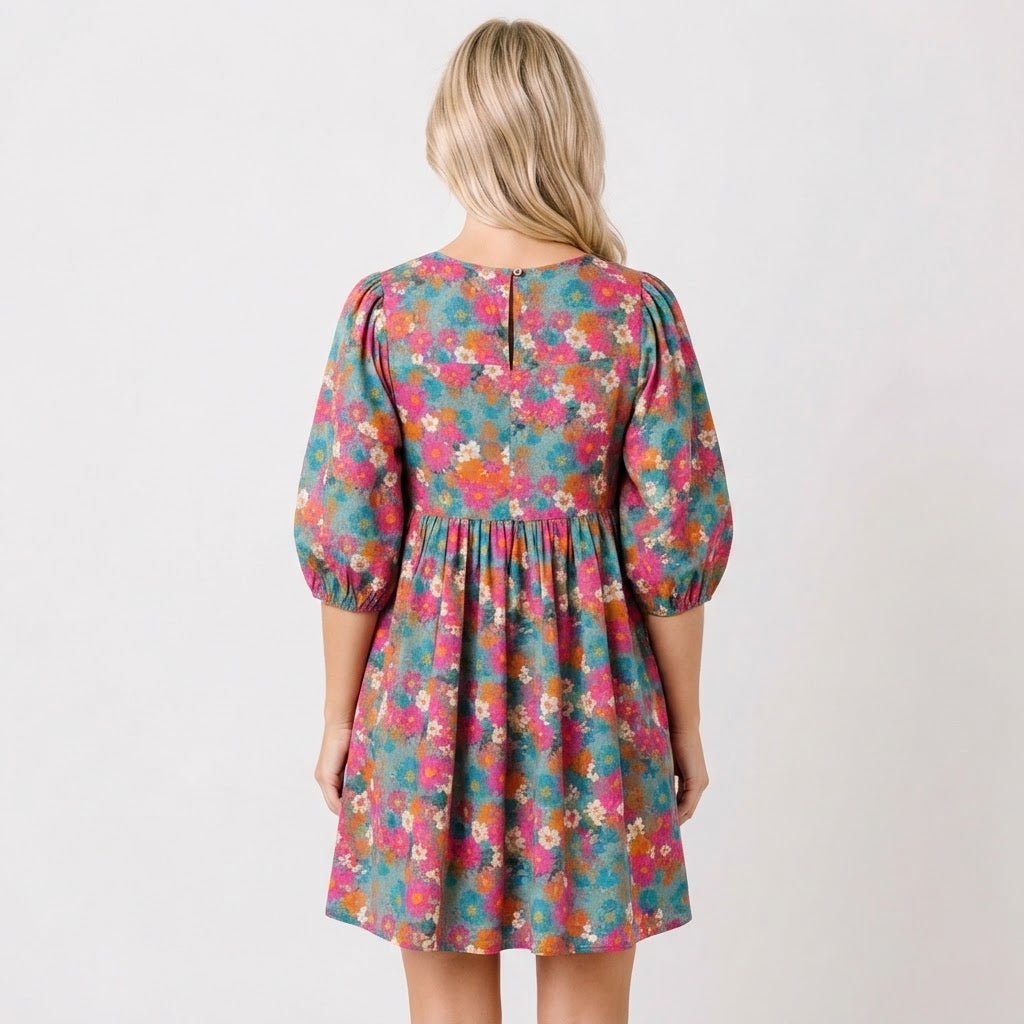Women's Floral Print Babydoll Mini Dress V-Neck Long-Sleeve Smocked
