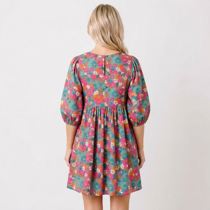 Women's Floral Print Babydoll Mini Dress V-Neck Long-Sleeve Smocked