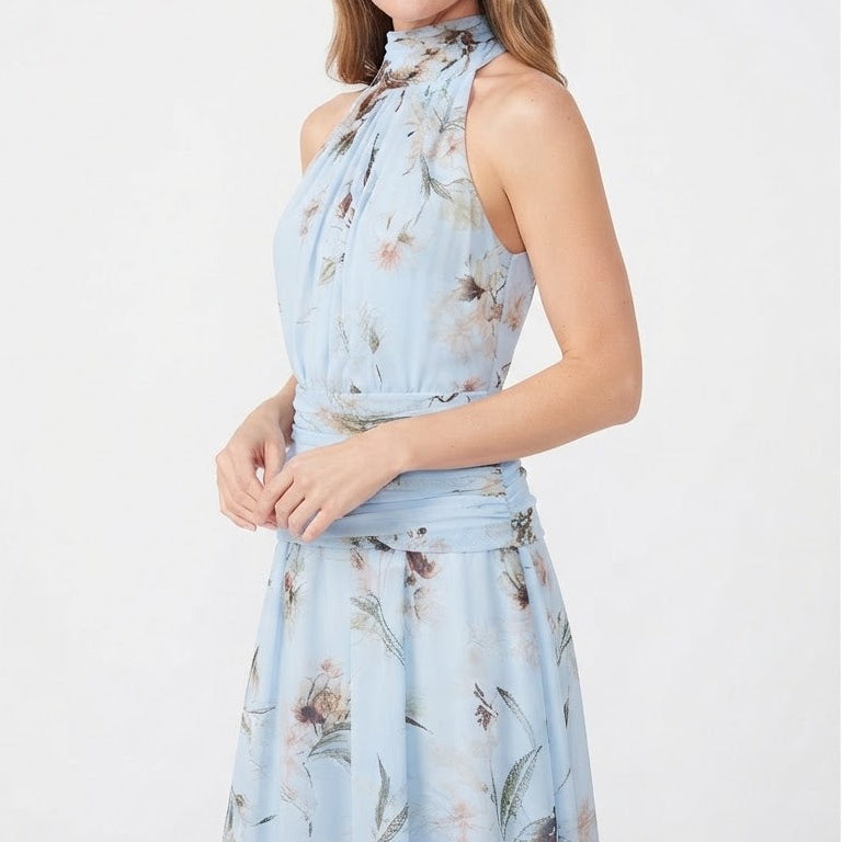 Women's Floral Maxi Dress Halter Neck Ruched Waist Chiffon Formal