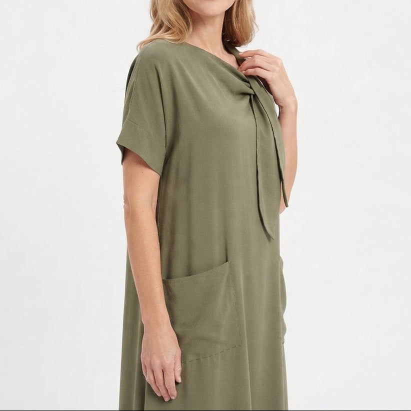 Women's Linen Maxi Dress Tie Neck Short Sleeve Relaxed Fit Pockets