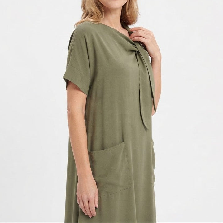 Women's Linen Maxi Dress Tie Neck Short Sleeve Relaxed Fit Pockets