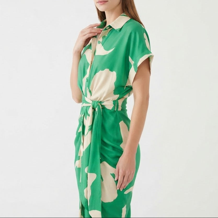 Women's Shirt Dress Button Down Tie Waist Wrap Midi Short Sleeve