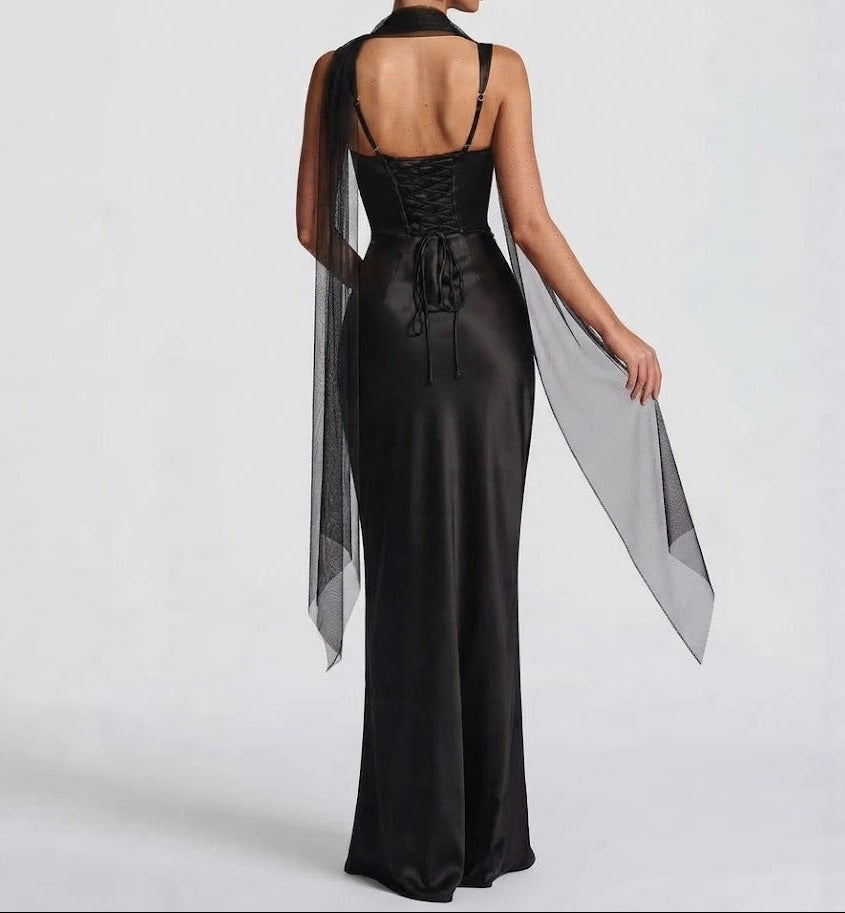 Women's Satin Maxi Dress Square Neck Ruched Bodice Scarf Formal