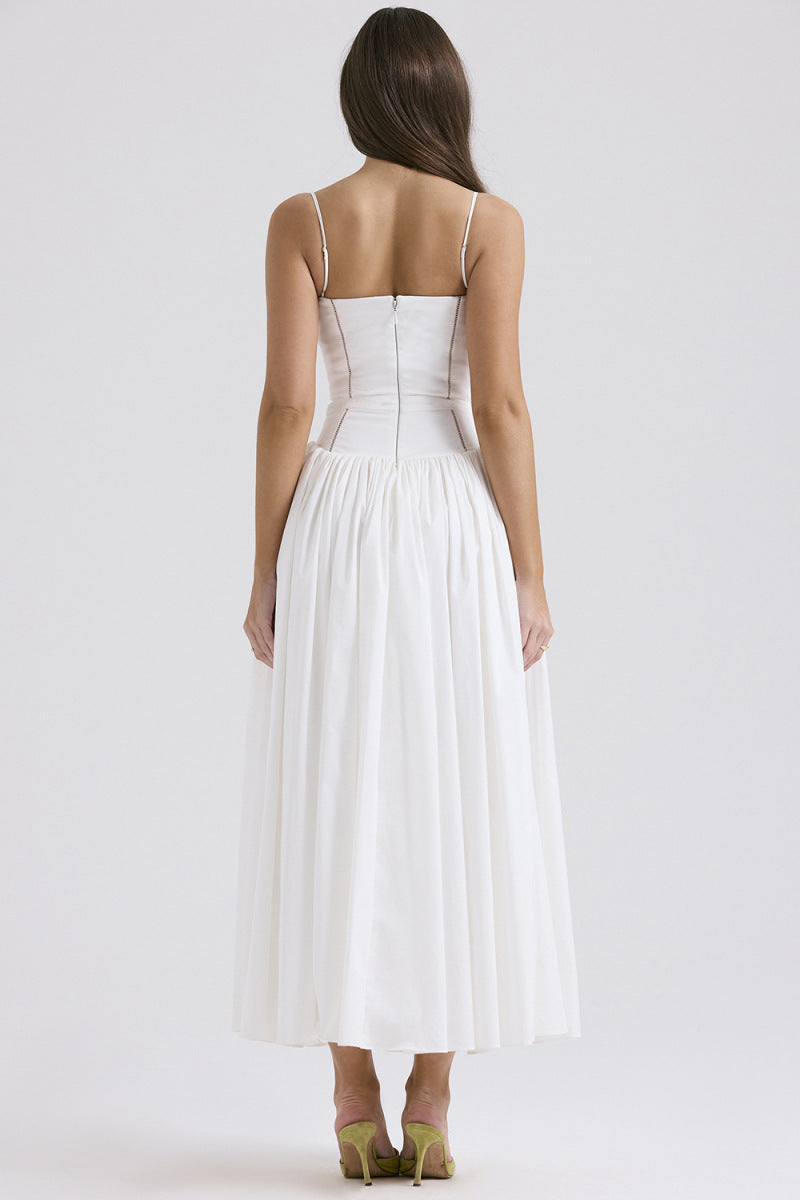 Women's Corset Midi Dress Spaghetti Strap Full Skirt Linen Summer
