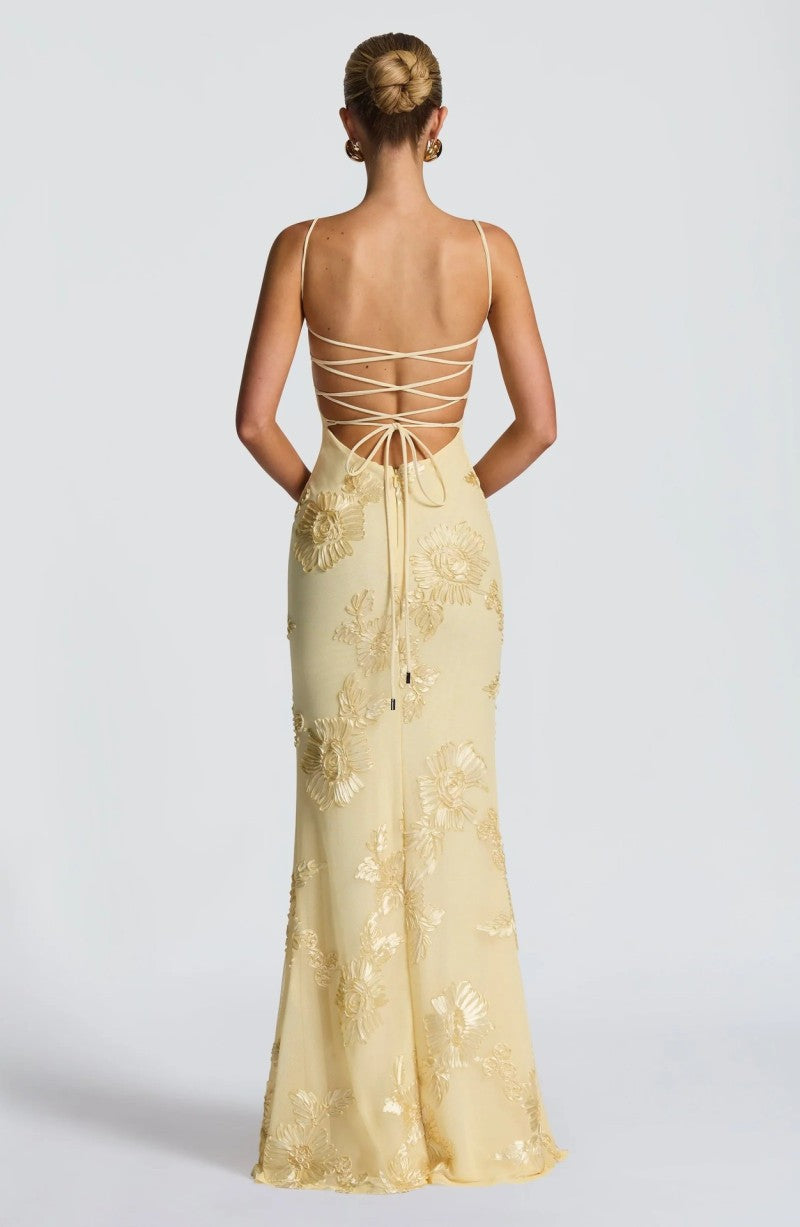 Women's Embroidered Corset Bodice Spaghetti Strap Mermaid Maxi Dress