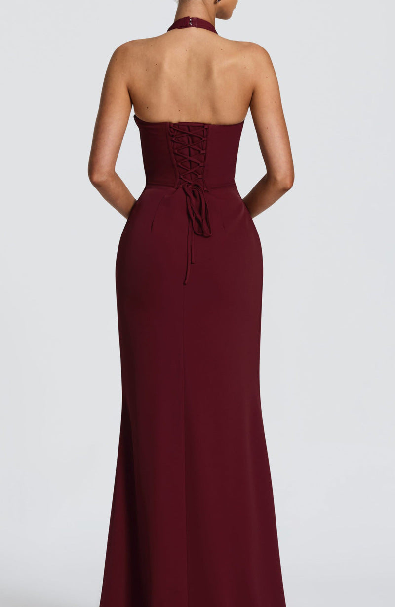 Women's Halter Deep V-Neck A-Line Maxi Dress
