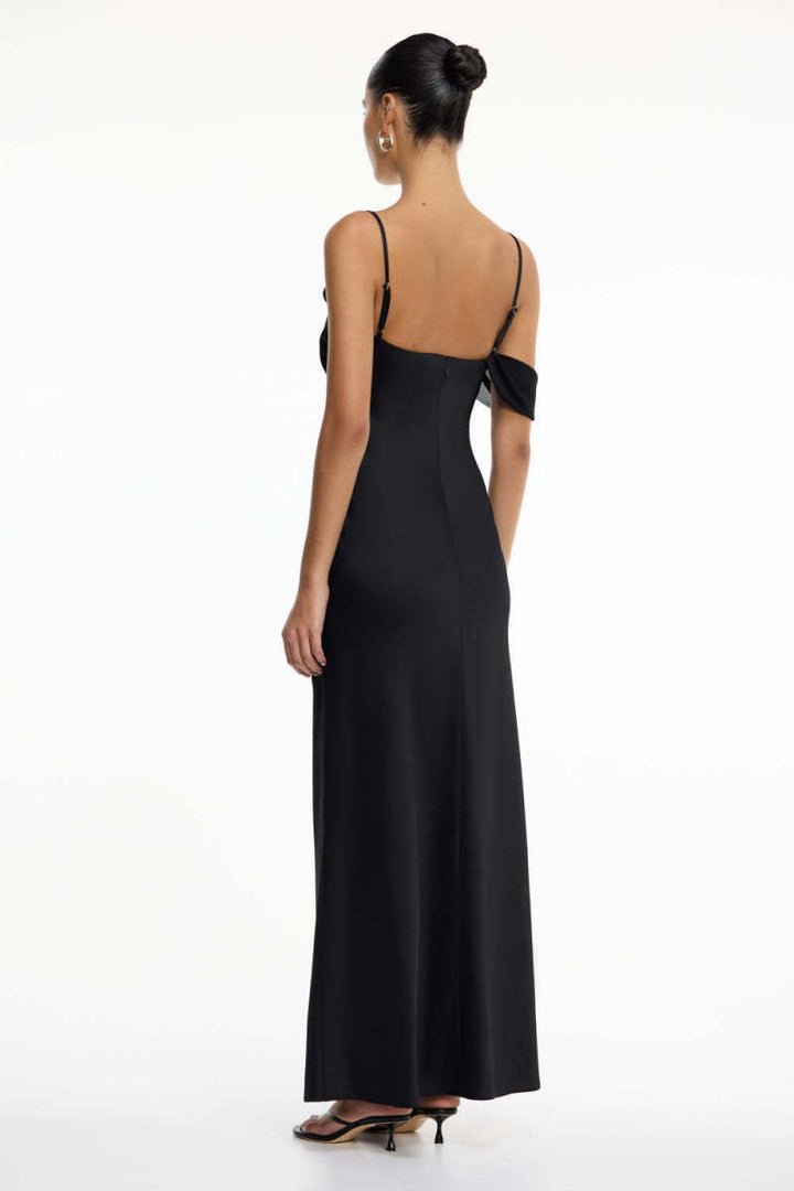 Women's Satin Asymmetric Ruffle Slip Maxi Sundress
