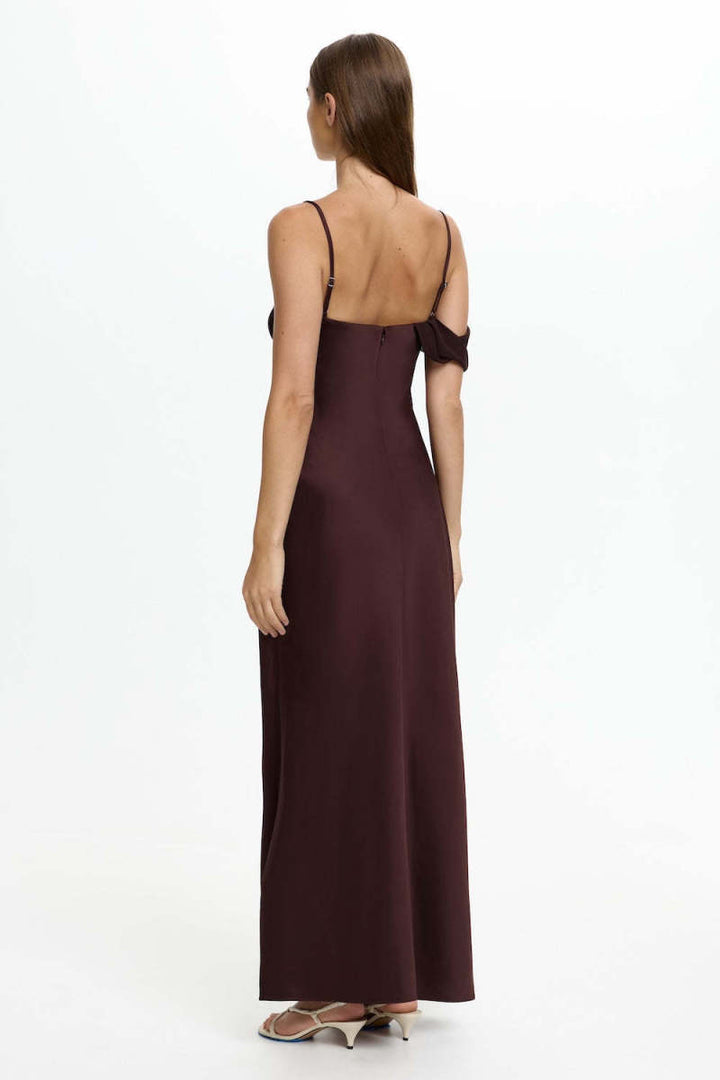 Women's Satin Asymmetric Ruffle Slip Maxi Sundress