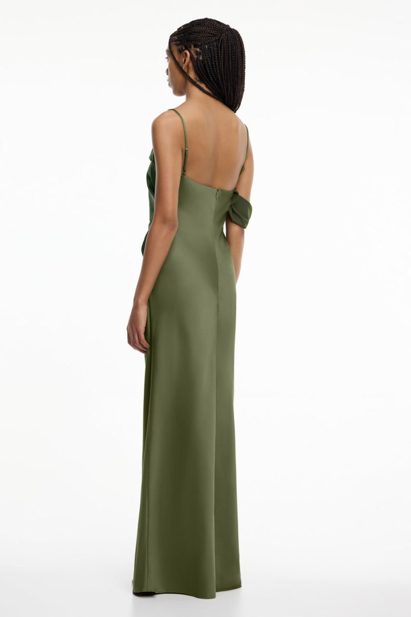 Women's Satin Asymmetric Ruffle Slip Maxi Sundress