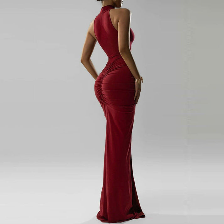 Women's Halter Mock Neck Ruched Maxi Dress with Slit