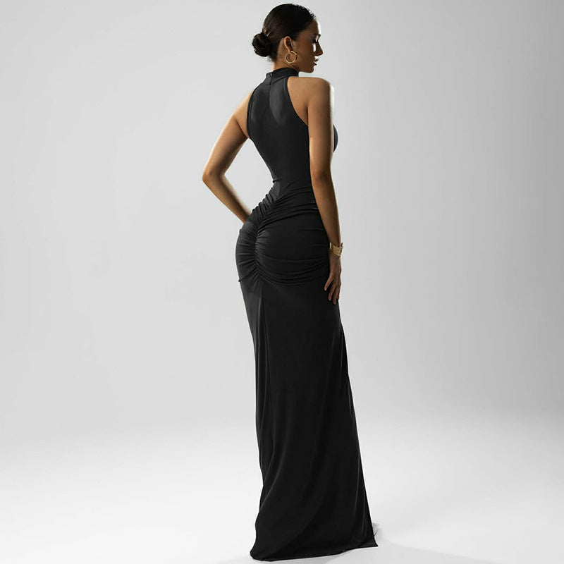 Women's Halter Mock Neck Ruched Maxi Dress with Slit