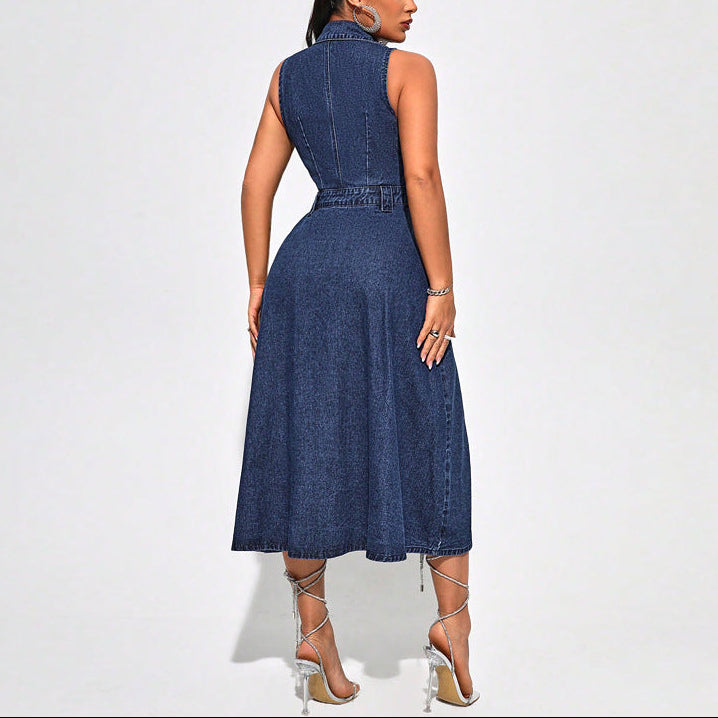 Women's Denim Button-Front Maxi Sundress Collared Side-Slit Patch-Pocket
