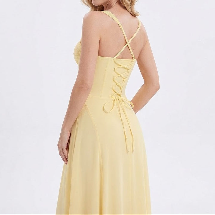 Women's Chiffon Maxi Dress Sweetheart Neck Corset Bodice Formal