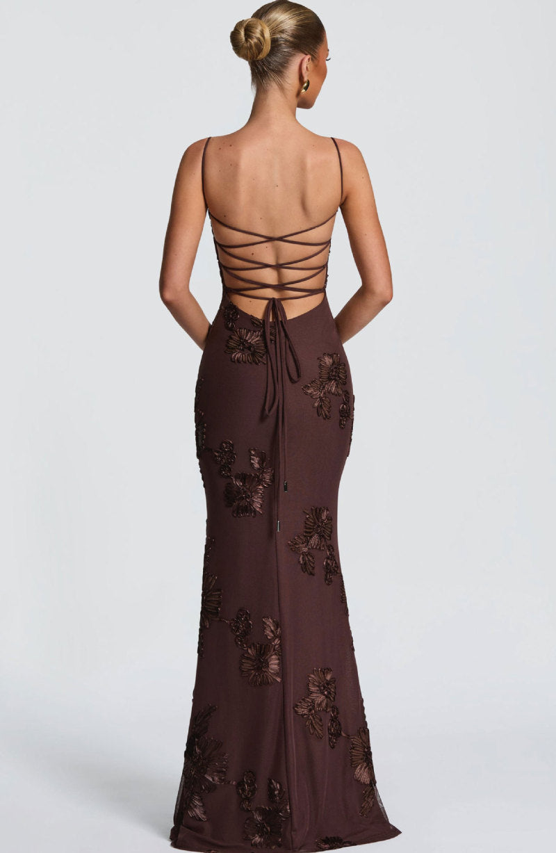 Women's Embroidered Maxi Dress Corset Bustier Mesh Mermaid Formal