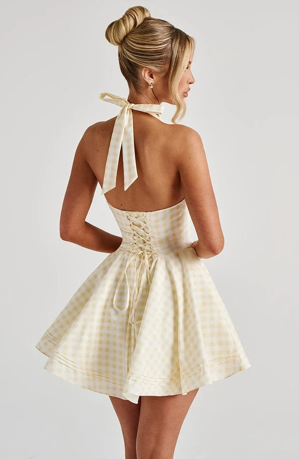 Women's Gingham Mini Dress Halter Neck Corset Bodice Skater Skirt