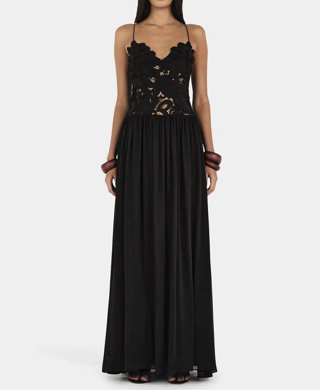 Women's Lace Bodice Maxi Dress Spaghetti Strap Chiffon Evening