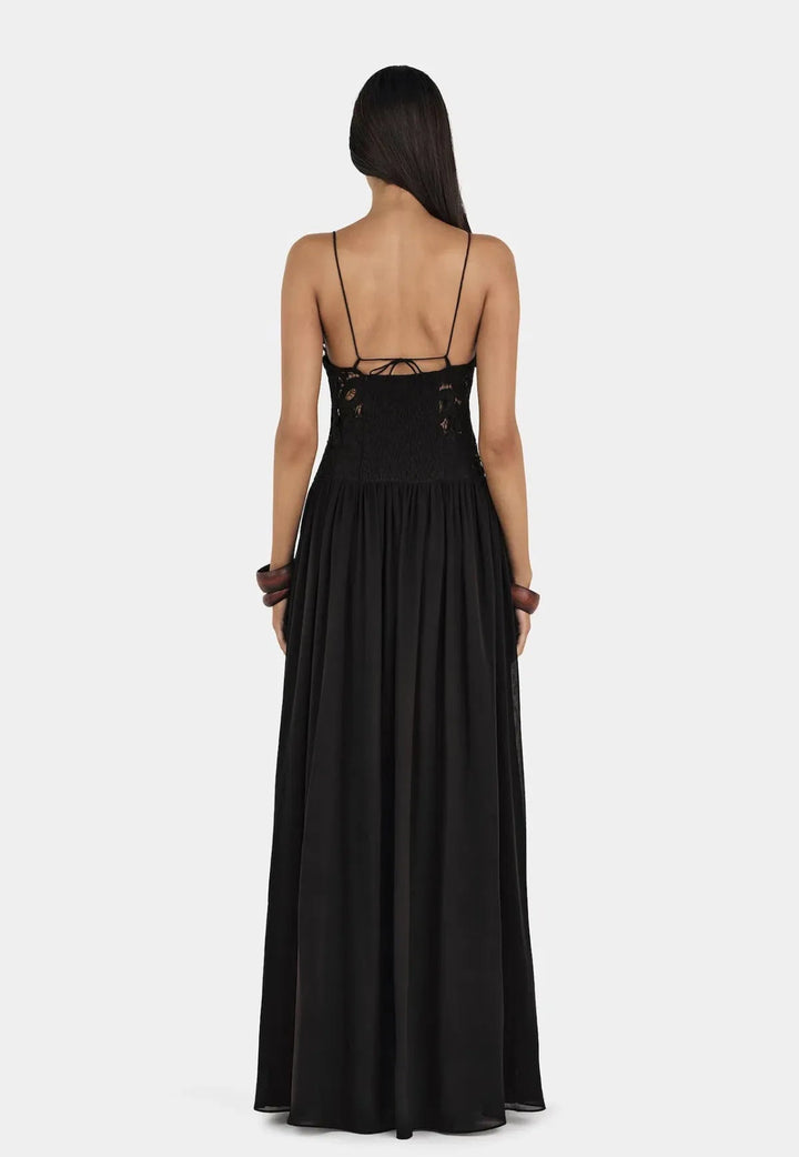 Women's Lace Bodice Maxi Dress Spaghetti Strap Chiffon Evening