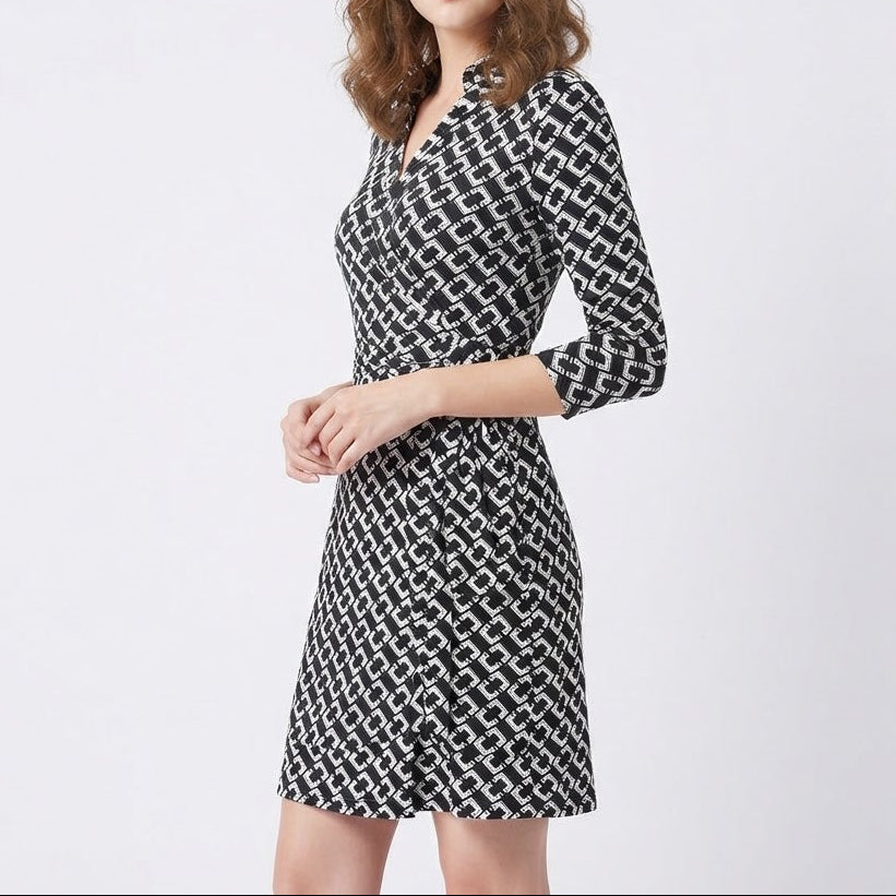 Women's Shirt Dress – Geometric Print Wrap Waist Three-Quarter Sleeve