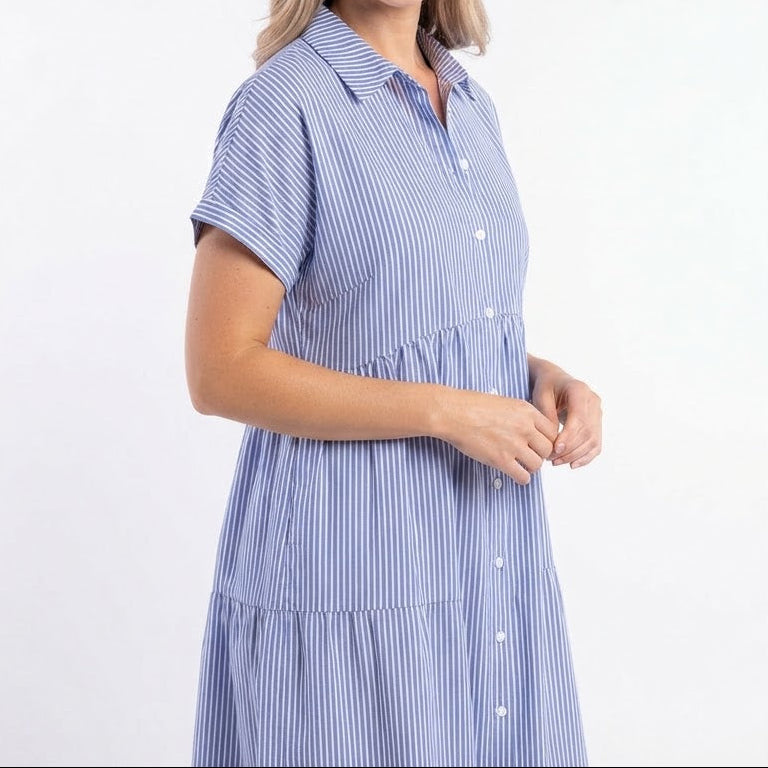 Women's Striped Linen Shirt Dress Short Sleeve Button Down Midi
