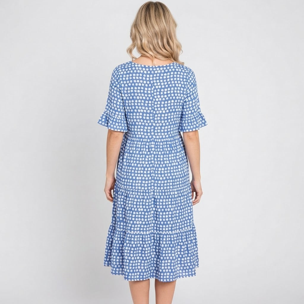 Women's Polka Dot Midi Dress Short Ruffle Sleeve Tiered Smock Shift
