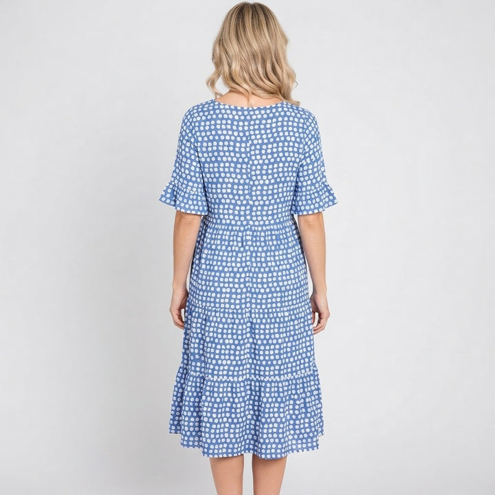 Women's Polka Dot Midi Dress Short Ruffle Sleeve Tiered Smock Shift