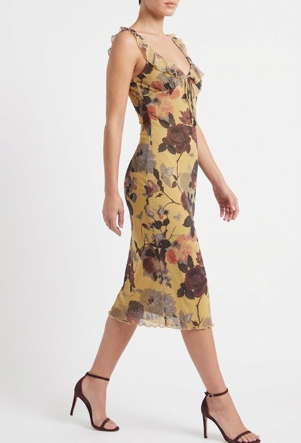 Women's Floral Print Ruffle Trim Slip Midi Dress
