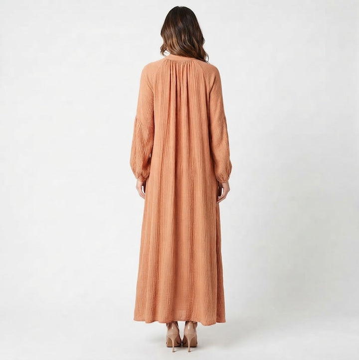 Women's Maxi Dress – Cheesecloth Button-Through Deep V Bishop Sleeve