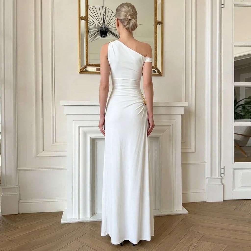 Women's Off-Shoulder Maxi Dress Ruched High Slit Evening Gown