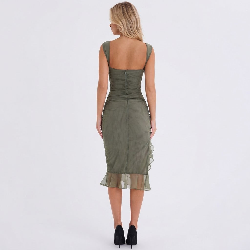Women's Midi Dress – Mesh Ruched Asymmetric Ruffle Hem Sleeveless