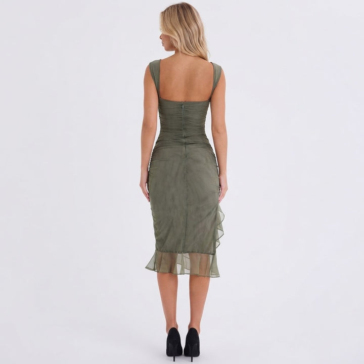 Women's Midi Dress – Mesh Ruched Asymmetric Ruffle Hem Sleeveless