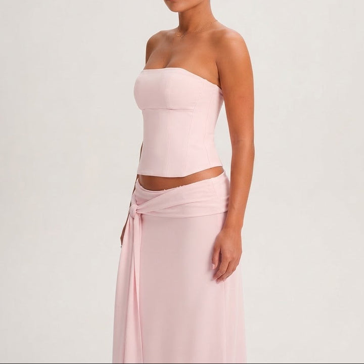 Women's Two Piece Set Strapless Corset Top Tie Front Maxi Skirt