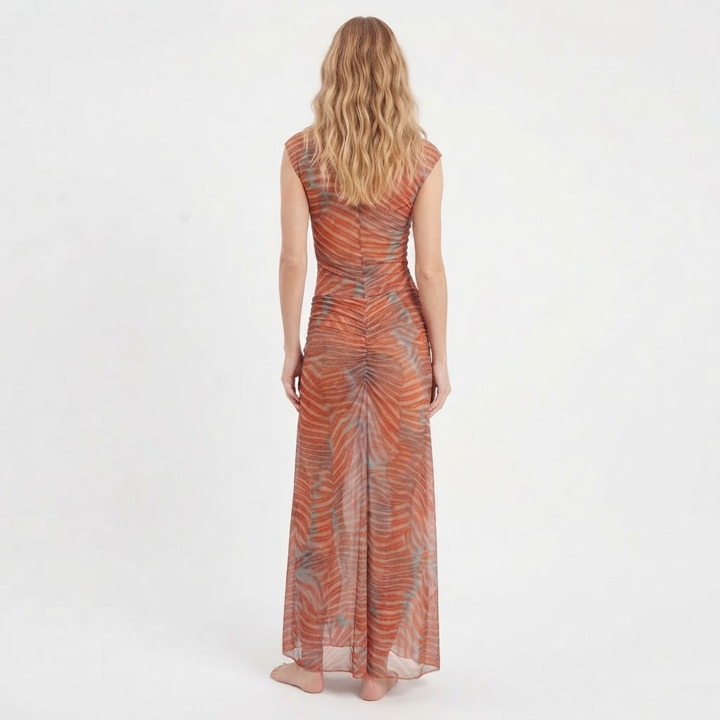 Women's Two Piece Mesh Set Sleeveless Top Maxi Skirt Sheer Printed
