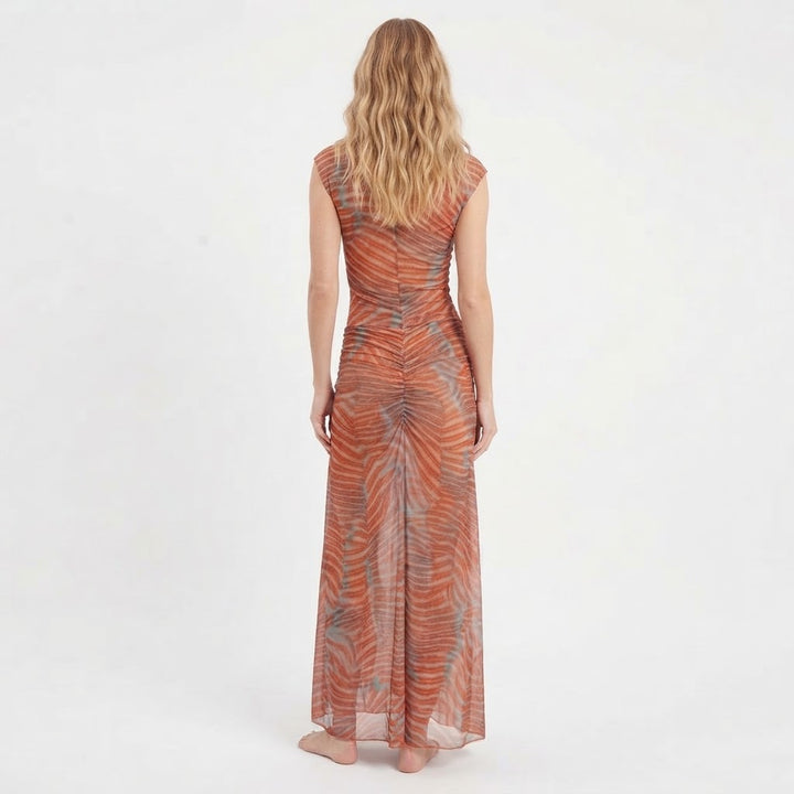 Women's Two Piece Mesh Set Sleeveless Top Maxi Skirt Sheer Printed