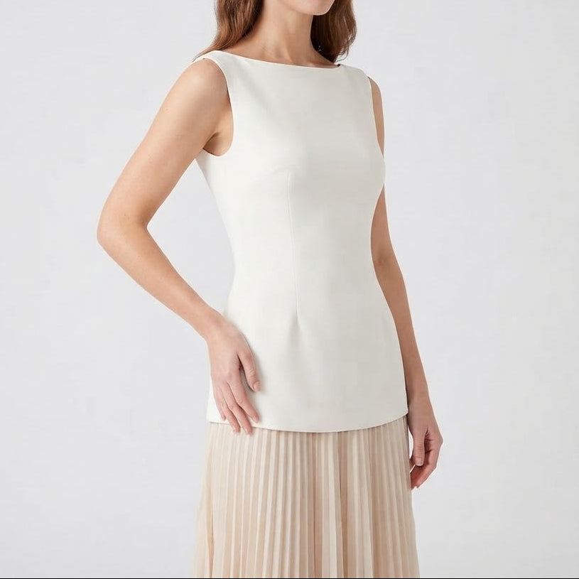Women's Boat Neck Maxi Dress Pleated Skirt Sleeveless Formal Gown