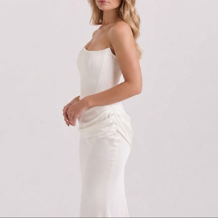 Women's Satin Corset Maxi Dress Strapless Draped Mermaid Formal