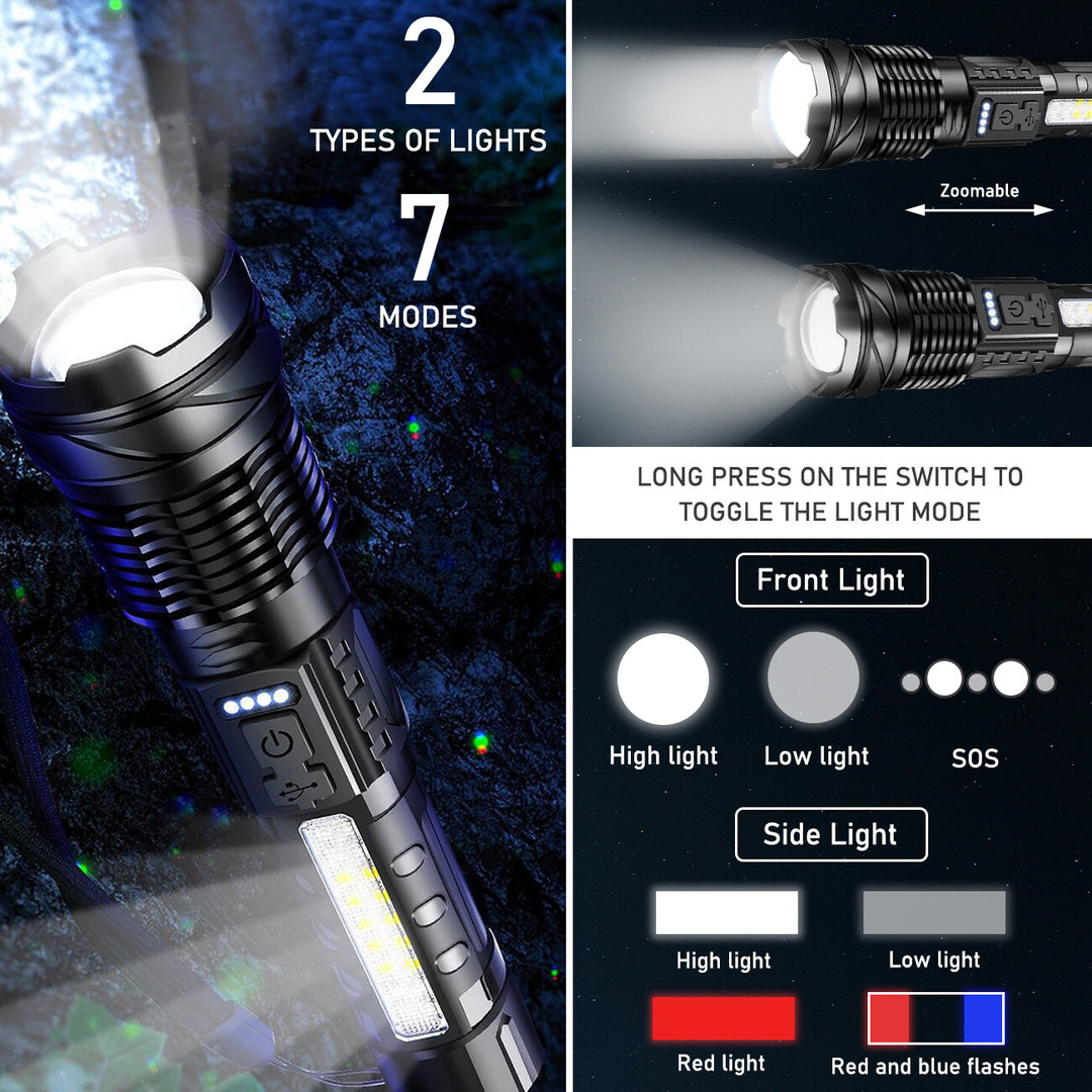Rechargeable LED Flashlight Zoomable Tactical Torch Police Super Bright Work Light Lamp 3 Light USB Charging