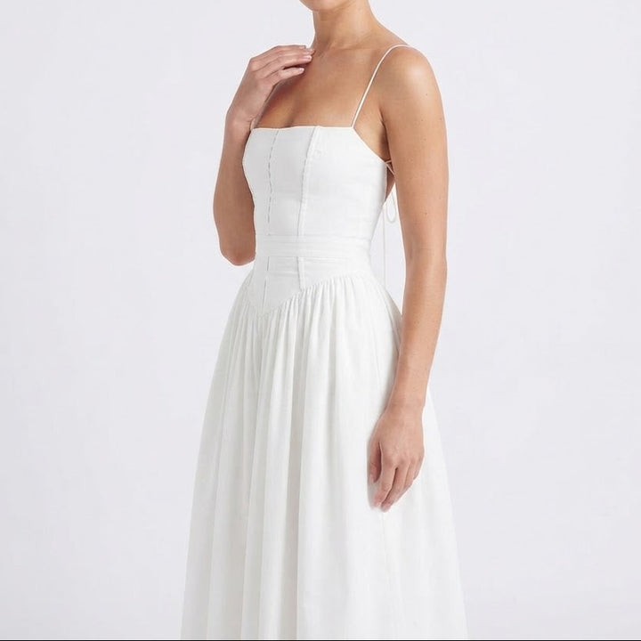 Women's Corset Midi Dress Spaghetti Strap Full Skirt Linen Summer