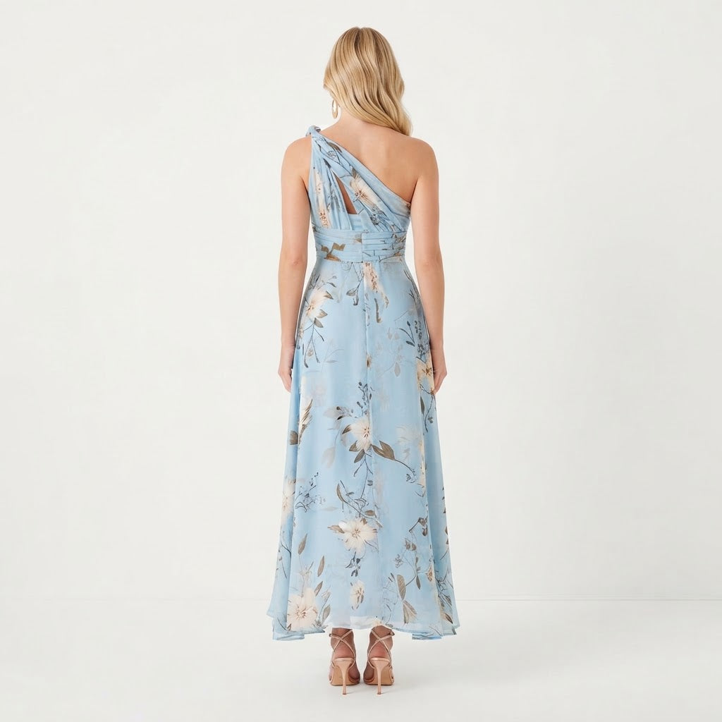 Women's Floral Chiffon One-Shoulder Midi Dress Ruched A-Line