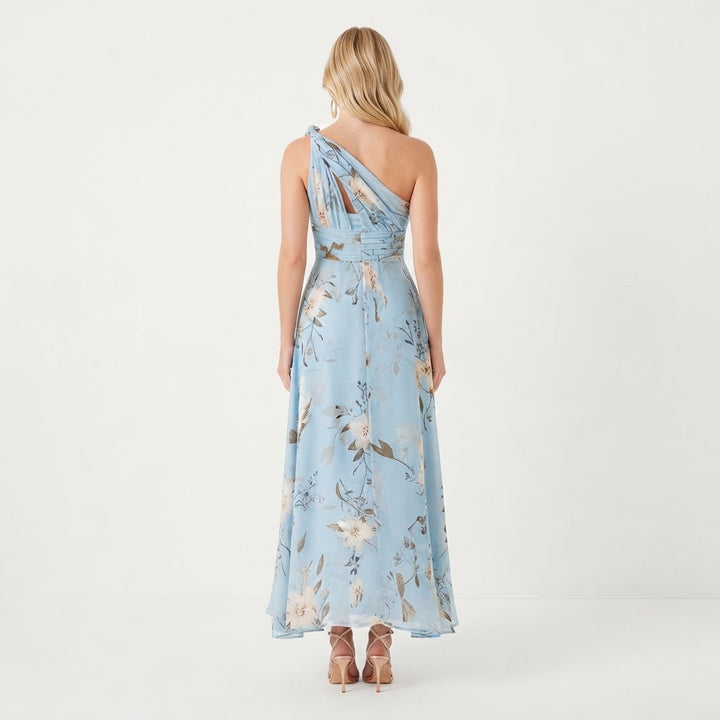 Women's Floral Chiffon One-Shoulder Midi Dress Ruched A-Line