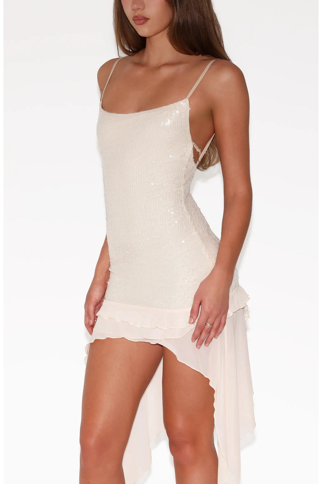 Women's Sequin Mini Dress Ruffle Hem Spaghetti Strap High Low