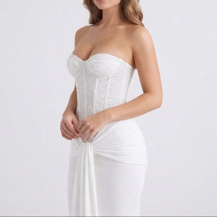 Women's Strapless Maxi Dress Sequin Corset Bodice Draped Bodycon