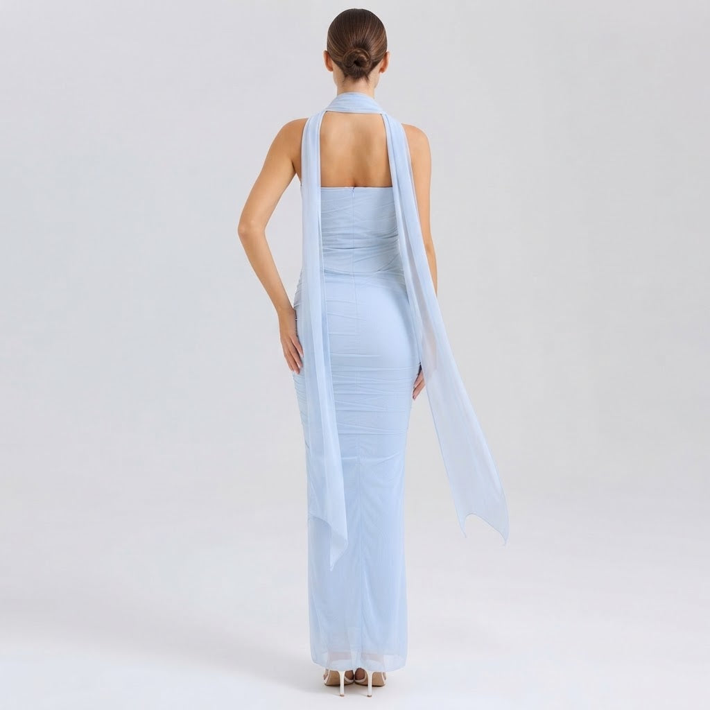 Women's Mesh Ruched Bodycon Maxi Dress Scarf Neck Sweetheart Formal